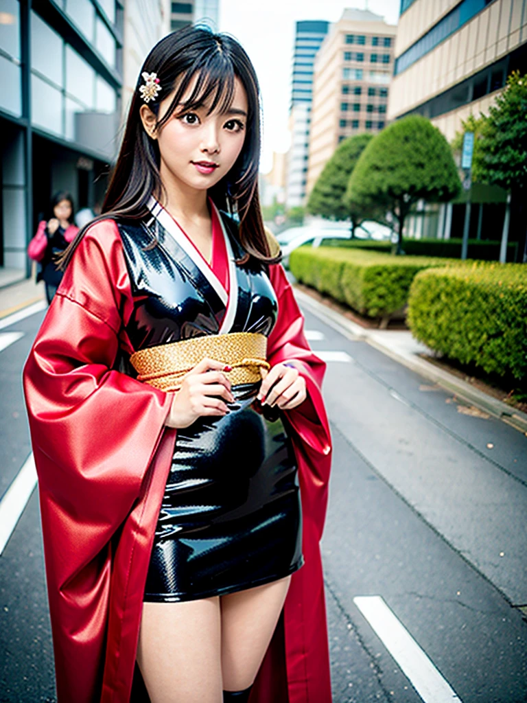 high quality, high resolution, Scenery of the city,Lots of girls,She is wearing a long-sleeved kimono made of super shiny enamel fabric.,The girls in the background are all wearing furisode kimonos made from super shiny enamel fabric.,全ての振袖は腰から下が腰まで切れ上がった超High legレオタードになっている,Wearing black shiny stockings,The color of the kimono is random,Heavy brainwashing makeup,Dark eyeshadow,Shiny red lipstick,Long-sleeved leotards are everyday wear,High leg,Bite