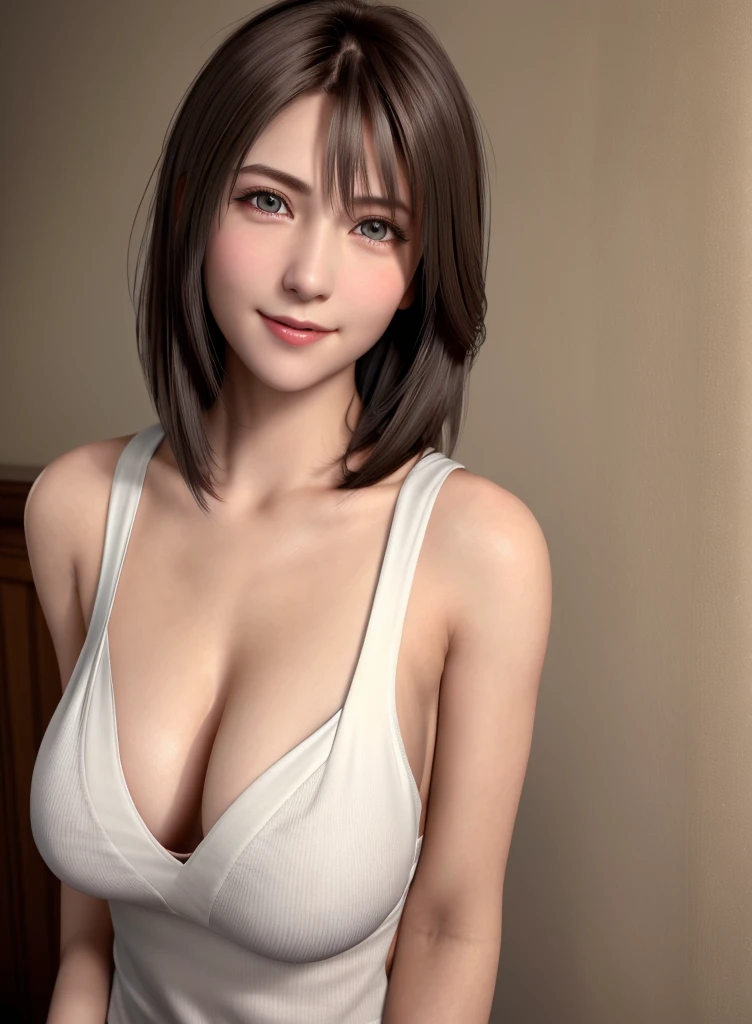 Top quality, ultra high resolution, (photorealistic: 1.4), beautiful eyes, super beautiful, short hair, beautiful breasts, lover, t-shirt with rough chest, eyes inviting viewer, lover's eyes, inviting facial expressions, sexy smile, perfect style, perfect balance, detailed skin, naughty eyes, chest visible