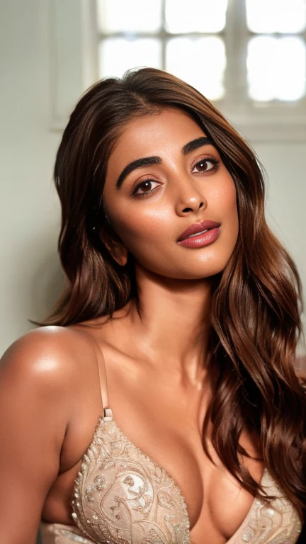 No make up, cool temperature,body close up photo of naked Pooja hegde,sexiest lingerie, bedroom,  intricate details, cold room, lean eyebrow, pooja hegde,pooja1, free shaggy hair,(( fair skin)), cold room