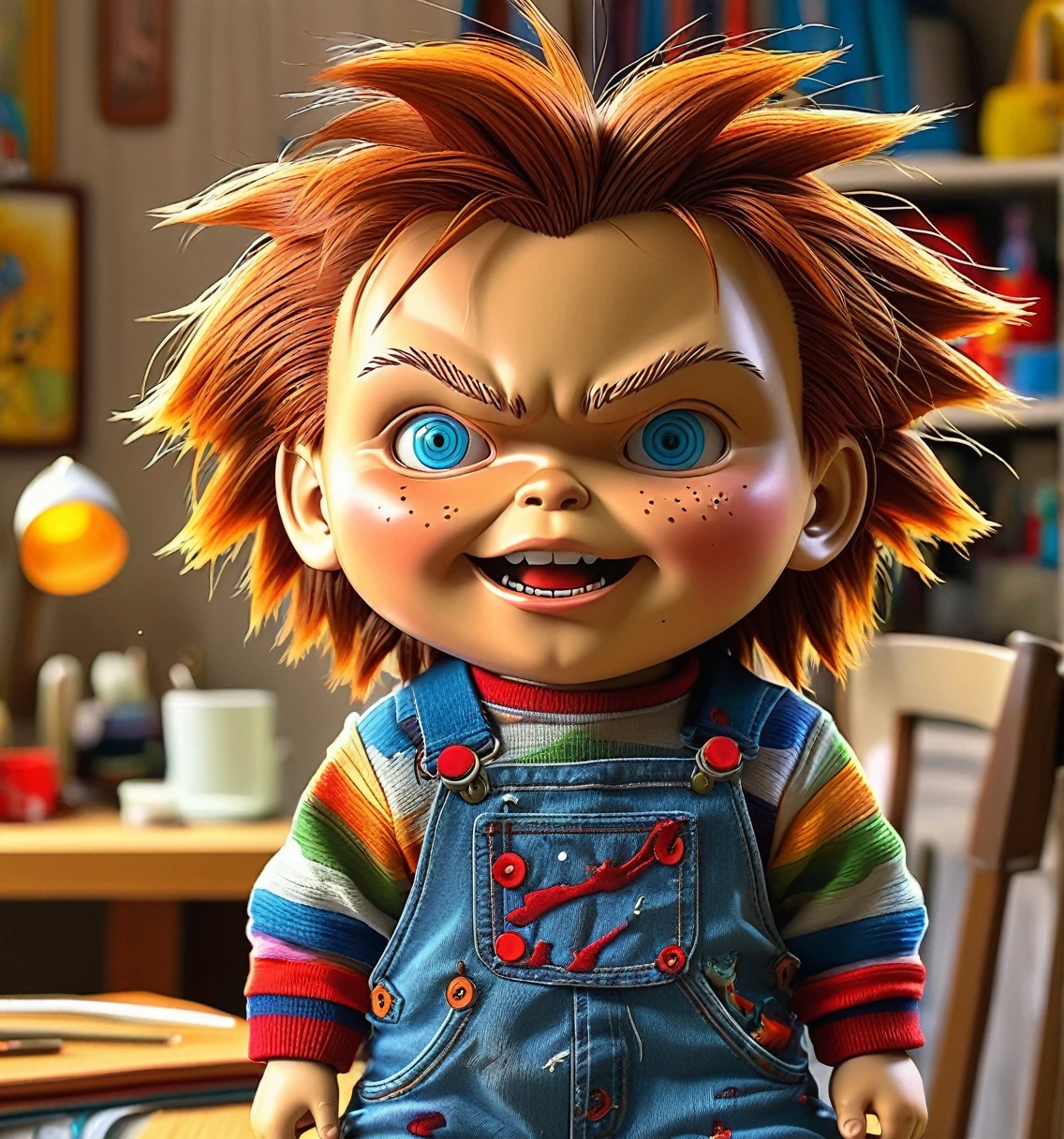 cartoon, very detailed, cute chucky a male style ghibli studios