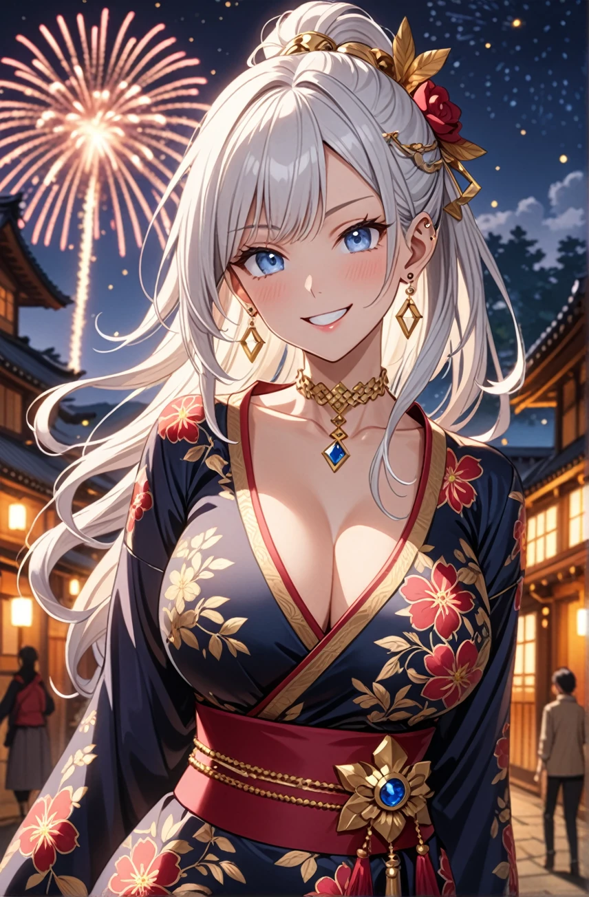 ((One personの女性)), Beautiful Face, (Laughing embarrassedly), ((smirk:1.2)), ((Wink:1.3)), (head tilt:1.3), upper teeth, looking at viewer, ((full-face brash:1.5)),  ((Big Breasts:1.3)), Night view,Countryside landscape, firework, Glossy Red Lips, (Shining Face), ((Anime style background)),masterpiece, Highest quality, so beautiful,up to date, Complex details, (Pink long nails), (nail art), (ring),(bracelet),(Floral choker), (gold helix piercing:1.7), AI-generated, Complex,High resolution, Highest quality, super high quality,3D Images、3D Images,One person,Long white hair,High Ponytail, Anime woman posing for a photo, ((silver eyes:1.5)), ((Fine grain、blue eyes、Shining Eyes:1.4)), (Squint your eyes:1.1),a hyperRealistic , hyperRealistic , Realistic,Anime woman with long white hair, Smooth anime CG art, (A woman in a colorful kimono with gold embroidery), ((Black long sleeve kimono:1.3)), Red floral pattern,Long flower hair ornament,Earrings,Mature Body,Tall,Abdominal muscles,Tight waist, ((Zoom in on face:1.8)), (front view:1.3),