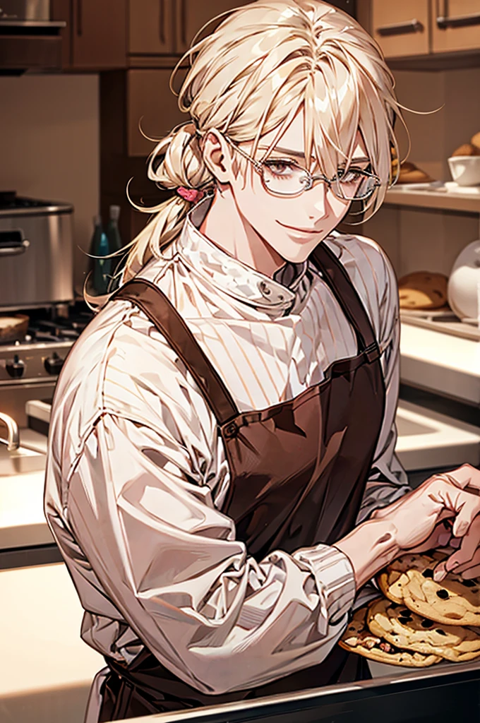 1male, ponytail hair, brown eyes, blond hair, white apron, pink sweater, glasses, mature face, ikemen, smile, baking cookies, kitchen background, 4k, high resolution, rim lighting
