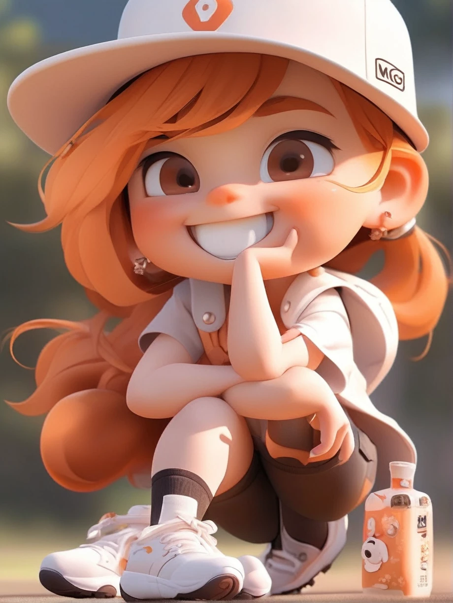 Pixar style,MG_ip,1girl,hat,solo,jewelry,sitting,baseball cap,earrings,shoes,shorts,orange hair,long hair,smile,shirt,sneakers,white footwear,chibi,blush,socks,white shirt,bottle,looking at viewer,short sleeves,white socks,vest,full body,closed mouth,