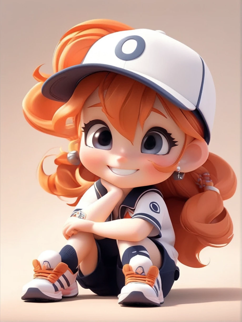 Pixar style,MG_ip,1girl,hat,solo,jewelry,sitting,baseball cap,earrings,shoes,shorts,orange hair,long hair,smile,shirt,sneakers,white footwear,chibi,blush,socks,white shirt,bottle,looking at viewer,short sleeves,white socks,vest,full body,closed mouth,