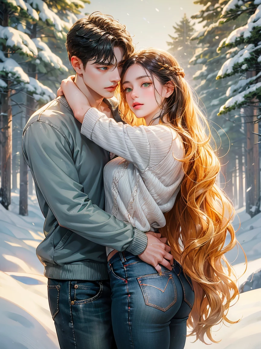 Couple, 1 girl 1 boy, black hair color, long blonde hair, wavy hair, no bangs, grey eyes. Pullover and jeans. Short black hair, wavy hair and (green eyes) , transparent lingerie, height different, detailed eyes, face, hand. The look at the viewer. They hug. They are near pine trees with snow. Full figure. Background snow forest