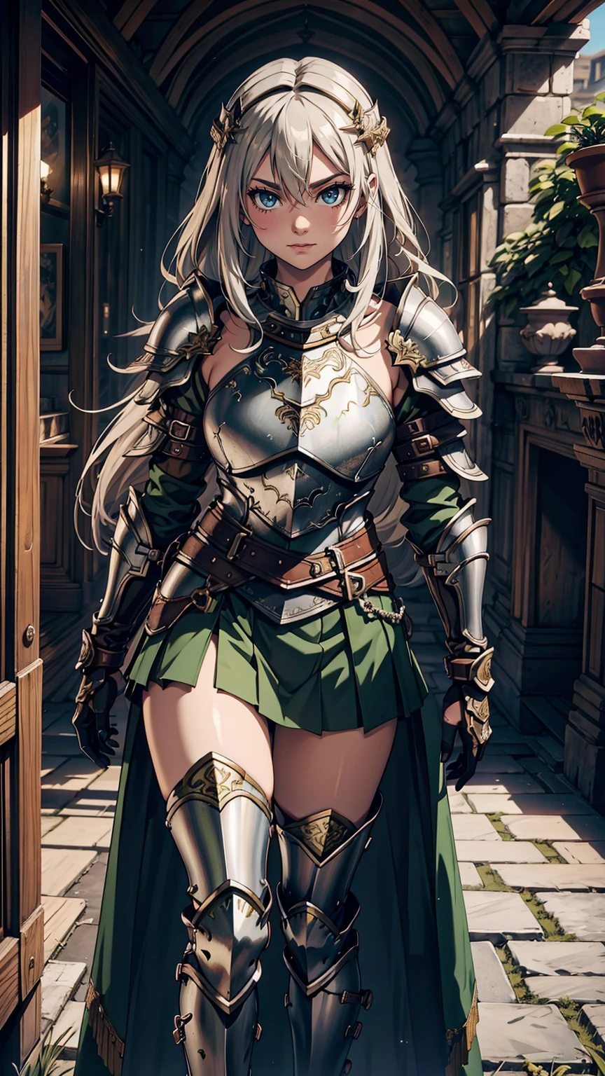 最high quality、Ultra High Definition, Ultra High Quality, Hyper Definition, Hyper Quality, Hyper Detailed, Extremely Detailed, Perfectly Detailed, Best image quality、masterpiece、woman((20-year-old、super dynamic pose , legs bent at the knees, Green solid eyes, Silver long Hair、Disheveled Hair、Long White Hair、thin,  Glove、Green Skirt, Noble Armor, Smirk、Detailed Cuirass , Dressed in Full Coverage Noble Plate Armor)),high quality、Beautiful art、background((Inside the mansion))、Written boundary depth、  movie、Visual Arts、Perfect art、8K,Genuine、