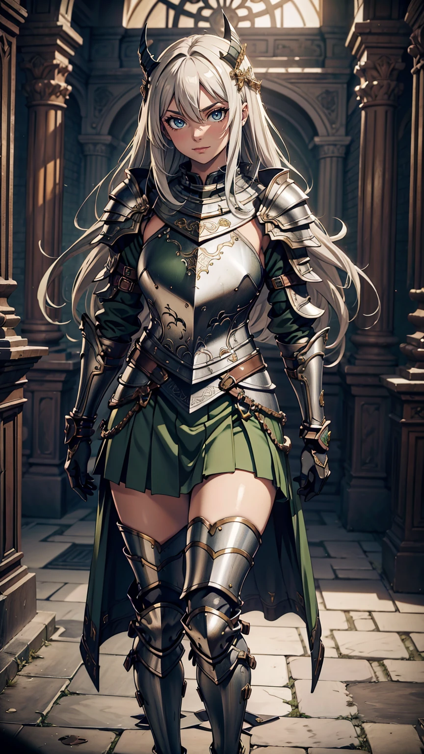 最high quality、Ultra High Definition, Ultra High Quality, Hyper Definition, Hyper Quality, Hyper Detailed, Extremely Detailed, Perfectly Detailed, Best image quality、masterpiece、woman((20-year-old、super dynamic pose , legs bent at the knees, Green solid eyes, Silver long Hair、Disheveled Hair、Long White Hair、thin, Glove、Green Skirt, Noble Armor, Smirk、Detailed Cuirass , Dressed in Full Coverage Noble Plate Armor)),high quality、Beautiful art、background((Inside the mansion))、Written boundary depth、 movie、Visual Arts、Perfect art、8K,Genuine、