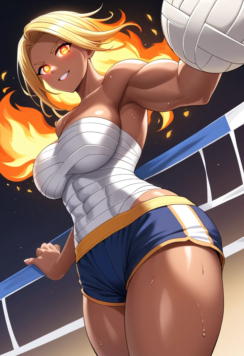 Prompt 

detailed illustration, (front view), (side view),dynamic angle, ultra-detailed, illustration, clean line art, shading, anime, detailed eyes, detailed face, beautiful face, dramatic lighting, detailed illustration, dynamic angle, ultra-detailed, illustration, single woman 

Fit, toned abs, ((volleyball shorts)), ((fundoshi breast wrap)), volleyball player, big round ass, big tits, caramel tan skin, dark skin tone, wide hips, narrow waist, thunder thighs, (blazing blonde hair), (glowing eyes), glowing sclera, muay thai wraps, small strong biceps, sweat, ((bandaged breasts)), flaming hair, hair is fire, flames rolling down skin, clothes catching on fire, embers, sweats fire, sweat is fire, tan lines, Hispanic, Latina, tight pants, bandage wrapped around chest, brown skin