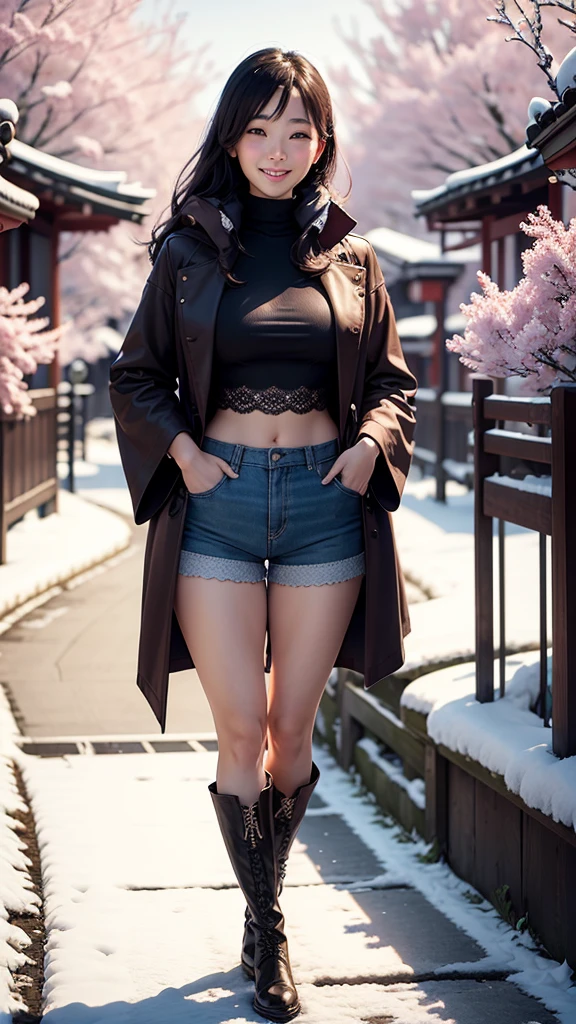 Beautiful young woman smiles, realistic image, wearing a pretty lace crop top and shorts. Has a long coat put on boots on the walkway In a Japanese city there are cherry trees and snow falling. Wide view. See the scenery.