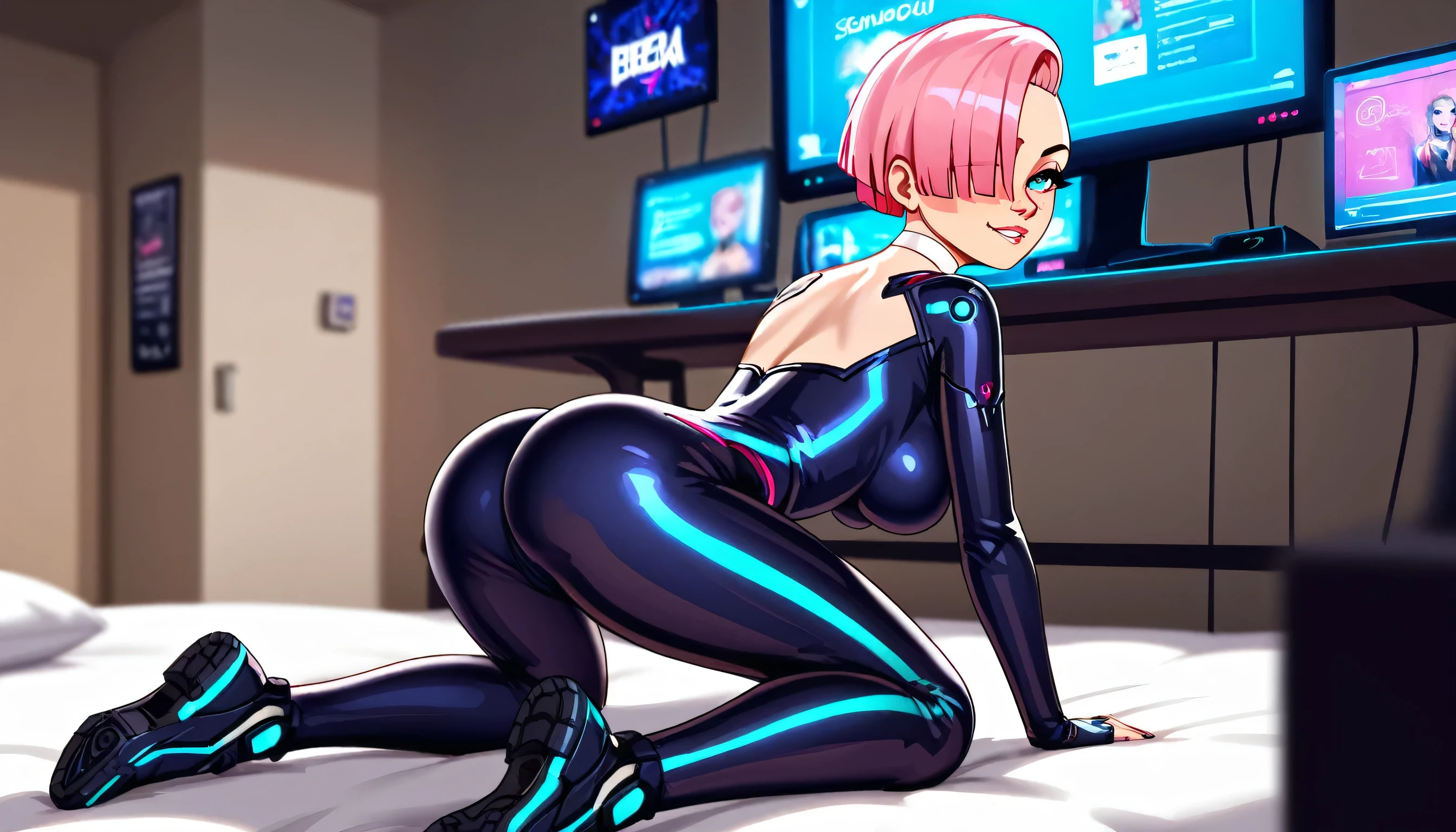 Create a digital anime-style image of a young woman with a modern, pink hair, hair cut side shaved head, eyes blue, lips atractive, beatiful fitness of her body. edgy appearance standing confidently in a dimly lit room with a cyberpunk aesthetic. The woman should tight small bodysuit cyberpunk sample legs, styled hair with vibrant colors, The room cyber with monitor. high details. bodysuit. sit bedroom. spred ass, ass focus, kneeling, striped pantyhose,large breasts, hair over 1 eye, cute nose, biting lip,seductive,white choker, pink lips, freckles, pretty girl