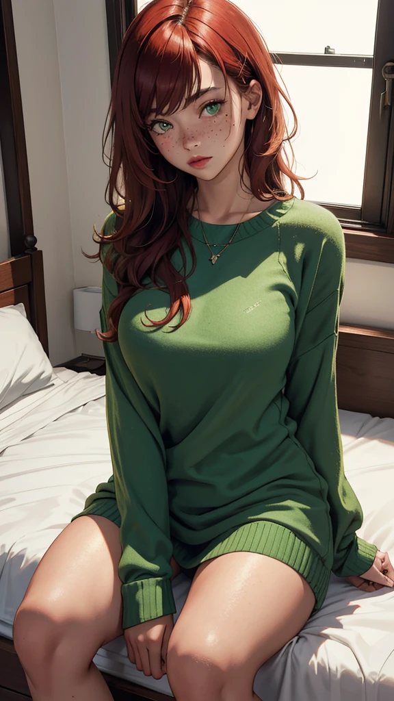 (absurdres, highres, ultra detailed), 1 girl, 20-year-old woman, black skin, plump lips, short woman, cute and delicate. Red hair, freckles on her face, her breasts are small, completely innocent face, full body, she is inside room and sitting on the bed, she is wearing a large green sweater and no pants on. Laptop visible on the bed. Green eyes.