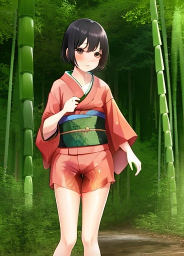 in the forest,A girl wearing a short kimono,Blushing,spill liquid from crotch,Hold the crotch,bamboo,Embarrassing,Thighs,barefoot,Black Hair,stand, Open your legs a little