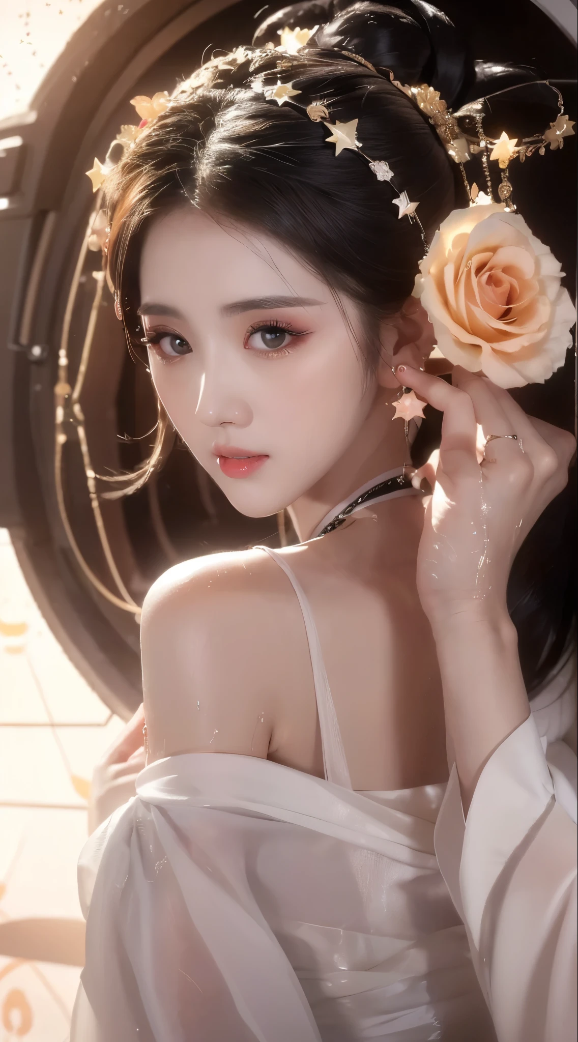 1 20-year-old girl, The flawless face of the goddess Athena, Beautifully 饰有许多性感的黑色蕾丝细节, Legend of the Female Saint, Beautiful goddess style glitter, Dark Mystery Version, Beautifully and beautiful pino detailing, Beautifully and beautiful lip detail, (Pure and flawless face: 1.9), Round chest, big, Round chest, Beautiful clear face and well-proportioned eyes, (Transparent eyes: 1.8), (bigbig的圆眼睛和浓妆, Sexy wet eye makeup, Very beautiful and exquisite hair and makeup, long and Beautifully blonde hair, Beautifully, Body Image: 1.8), vivid, (Stars in the sky: 1.7), (The sky and the illusory time and space gate: 1.8), Fictional Art, original photo, hanfu photos, Best photos, high resolution, best quality, Best photos, Best goddess quality, 8K female, Super 8 Single Saint Portrait, The most realistic color scheme, masterpiece, Best Beauty Brands, The best hair accessory, Live-action photos of the brand, Dark Studio, Border Light, Two-color lighting, (Rose White Skin: 1.4), (High Skin Detail: 1.1), 8k ultra high definition, SLR camera, Soft lighting, 8K, high quality, Honesty, Volume is smooth and sharp, 10 times more pixels, Sexy goddess, Sexy goddess背景空间: 1.8), (最美的aurora眼: 1.7), beautiful eyes, aurora(aurora)Beautiful single girl: 1.8), (More detail:0.8),