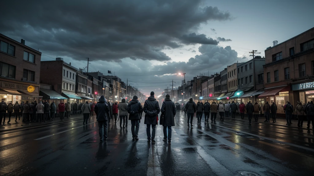 Cinematic, wide shot of a street reacting to a loud, mysterious sound, people looking around in shock, realistic depiction, urban setting, overcast sky, intense atmosphere. 
