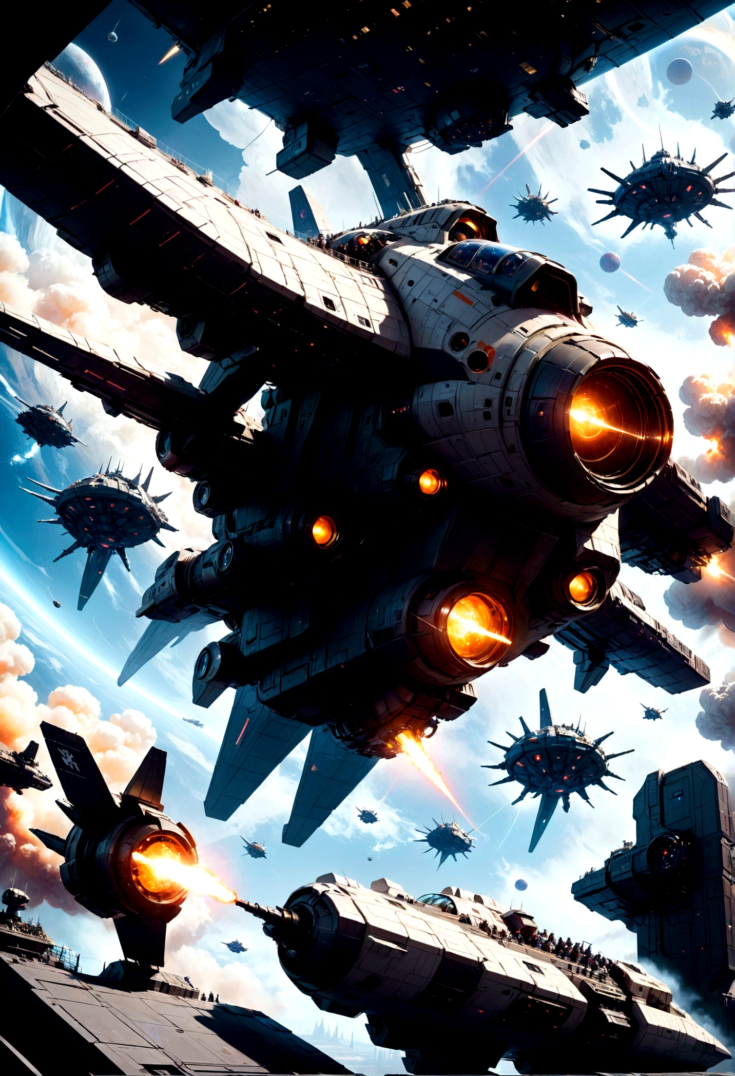Space War, high quality, space pirates fleet attacking a giant imperial space station :: futuristic space combat, space combat, spaceships, space station, a supernova in the background, explosions, lasers, dogfight, space armada, space battle, outer space, sci-fi, by Ivan Laliashvili, concept art, environment concept art, best of artstation, cgsociety, rule of thirds, asymmetrical composition, cinematic lighting, cinematic shot, oil on canvas, clean strokes, 8k resolution, highly detailed, masterpiece, best quality, very aesthetic, absurdres