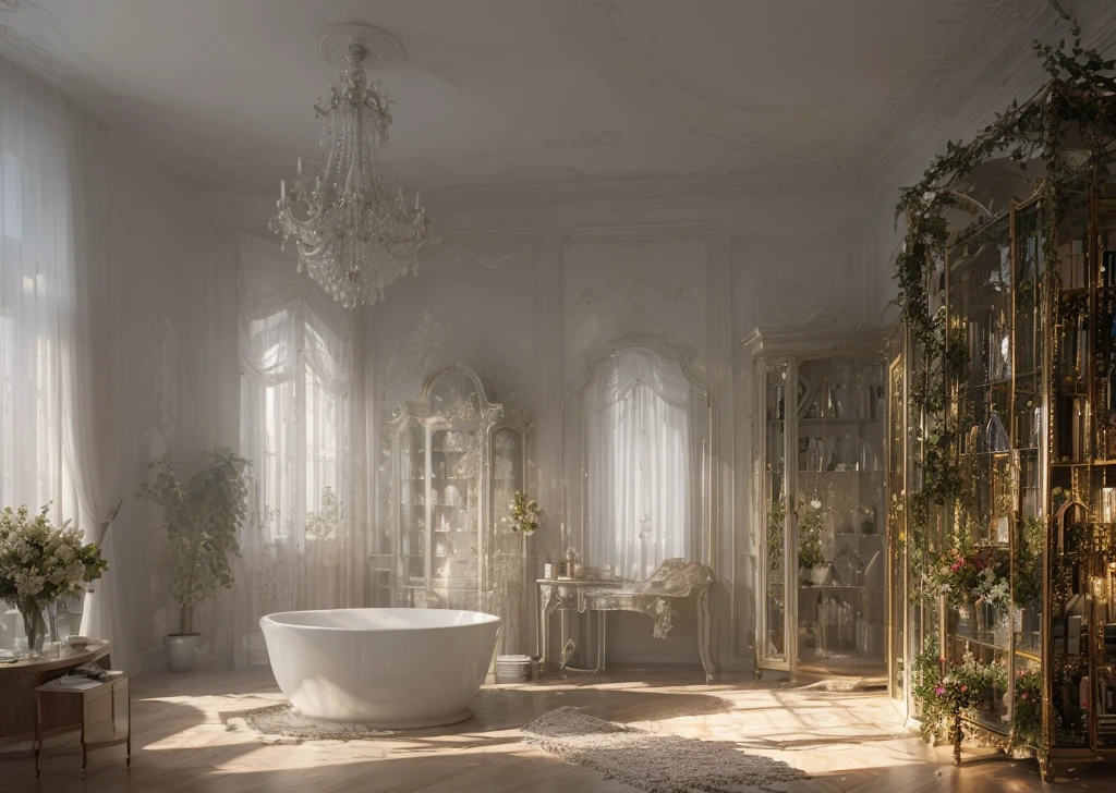 Hyperrealistic 8k high detail 3d art, dream bed on a huge canopy, wall high mirrors and glass windows, dreamy smoky air, a white shirt on the floor and a book on the cushion. Open wardrobe with endless flowing dresses.