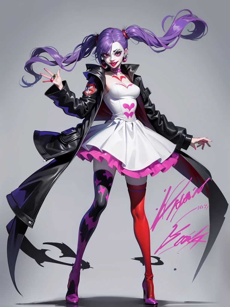 A full body female character design of a joker inspired by Harley Quinn with a amazing dress design