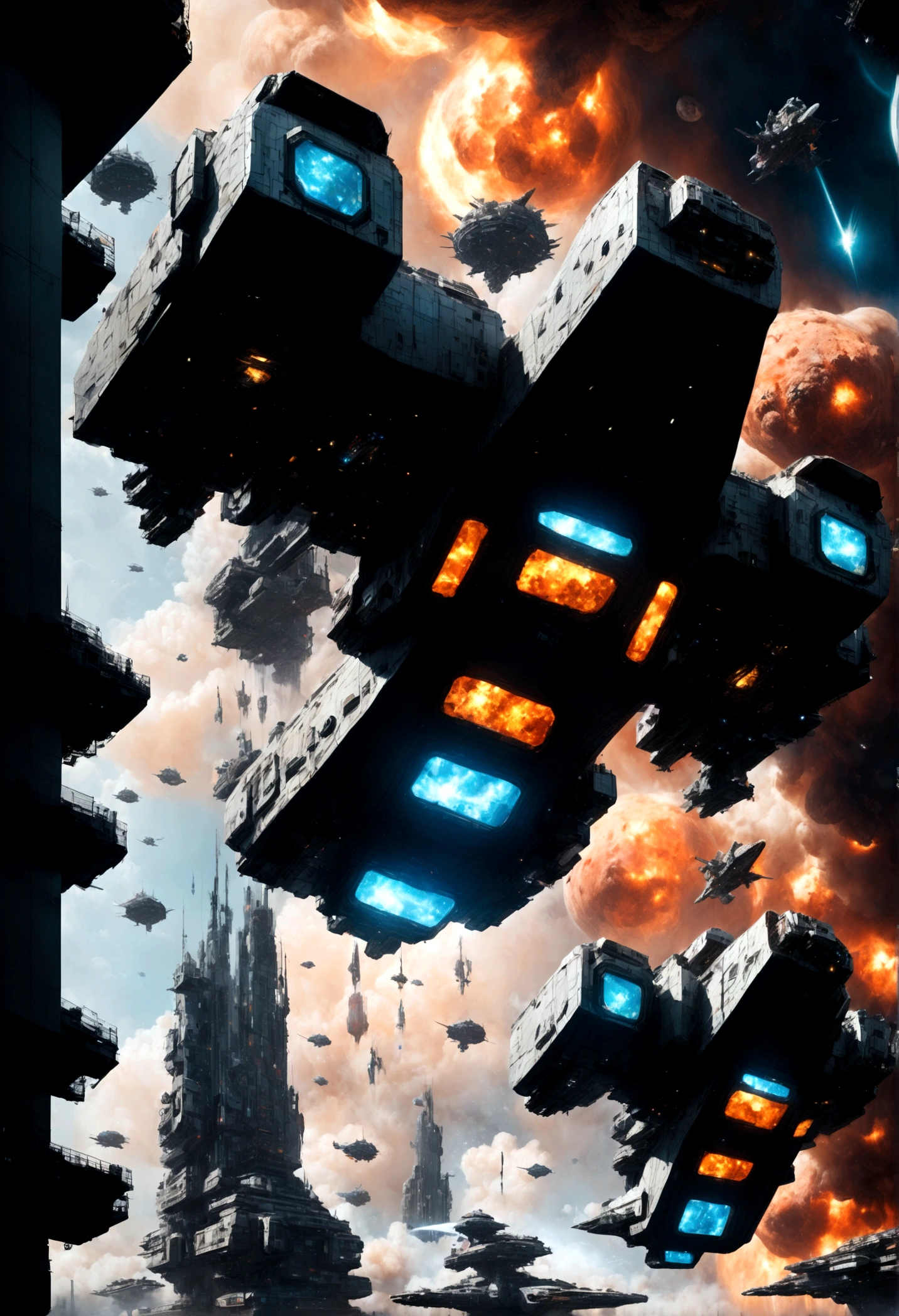 Space War, high quality, space pirates fleet attacking a giant imperial space station :: futuristic space combat, space combat, spaceships, space station, a supernova in the background, explosions, lasers, dogfight, space armada, space battle, outer space, sci-fi, by Ivan Laliashvili, concept art, environment concept art, best of artstation, cgsociety, rule of thirds, asymmetrical composition, cinematic lighting, cinematic shot, oil on canvas, clean strokes, 8k resolution, highly detailed, masterpiece, best quality, very aesthetic, absurdres