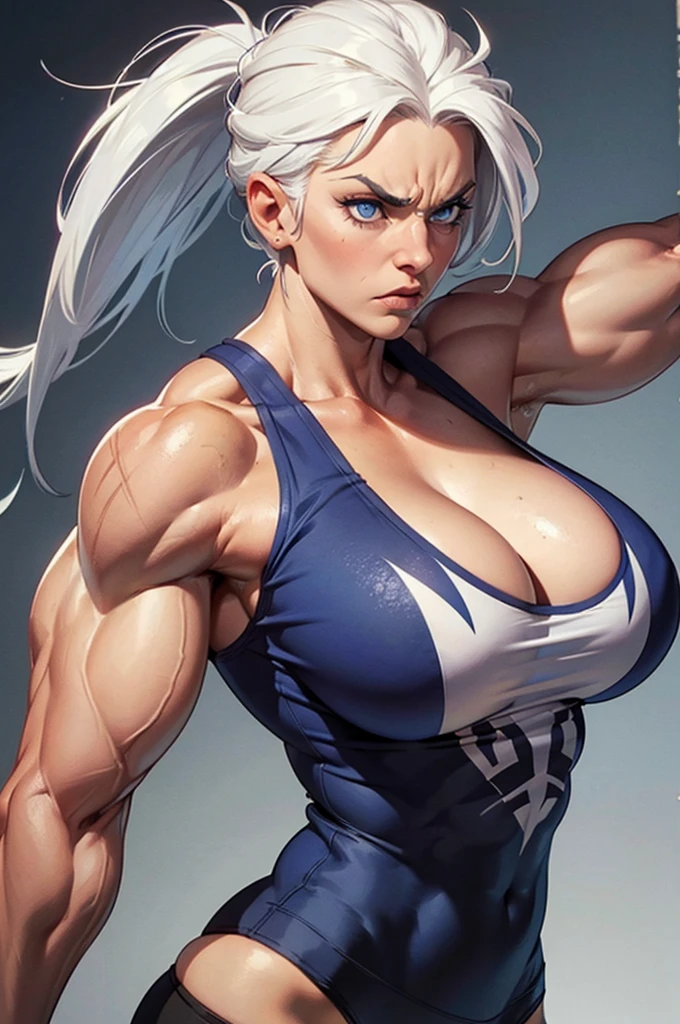 Woman , Huge muscles , muscular , massive muscles , white hair , angry face , blue eyes , Tank top , scars