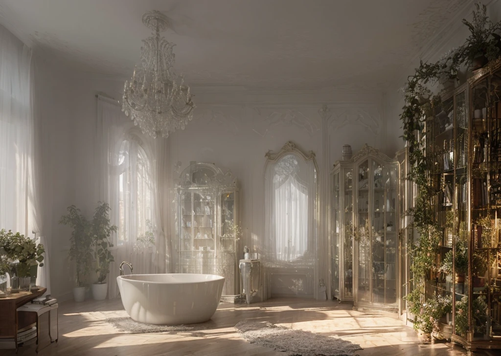 Hyperrealistic 8k high detail 3d art, dream bed on a huge canopy, wall high mirrors and glass windows, dreamy smoky air, a white shirt on the floor and a book on the cushion. Open wardrobe with endless flowing dresses.