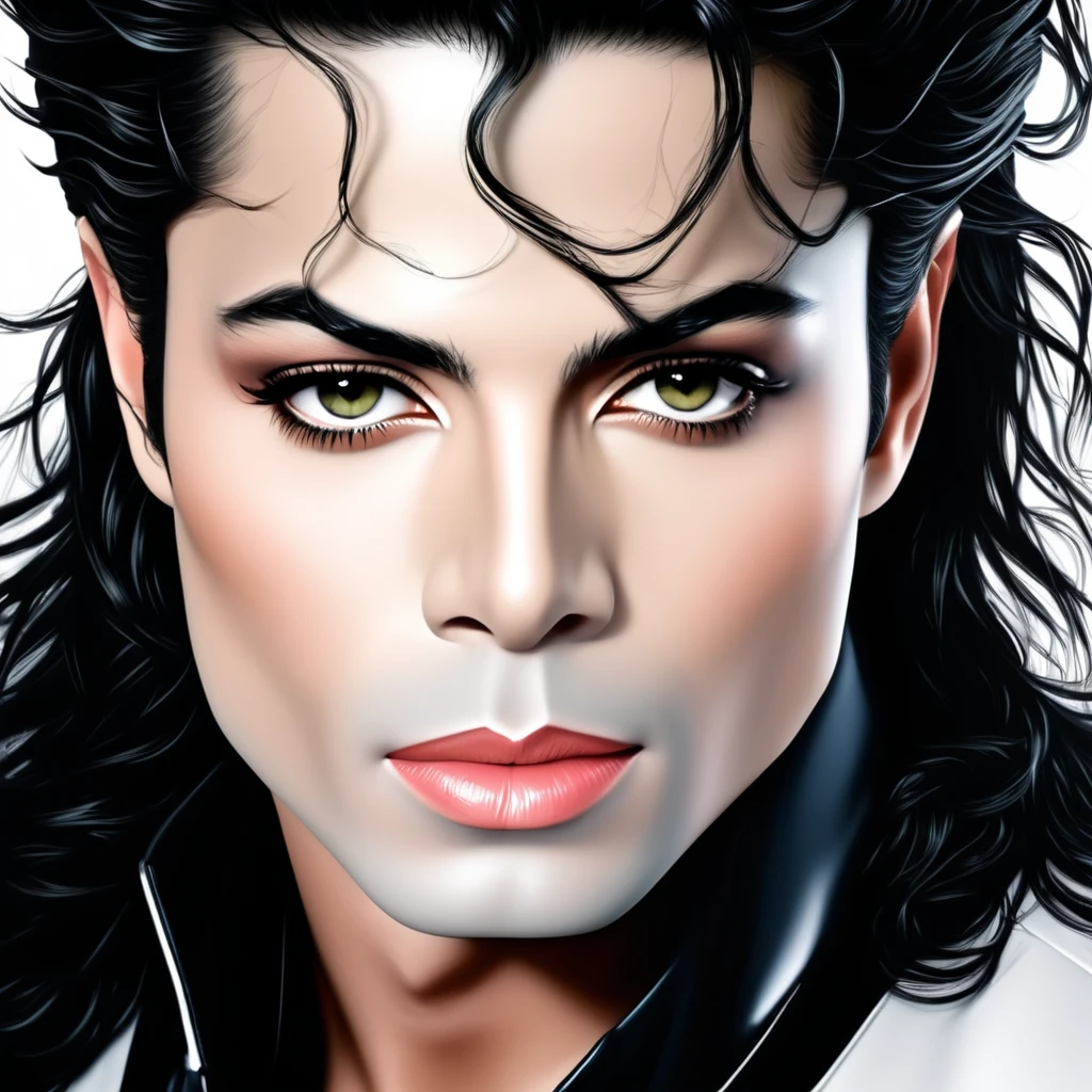 Michael Jackson with totally perfect beautiful face, with white skin, music album cover model style, photographic realistic style detailed, 8k.