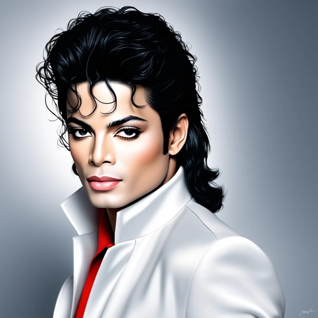 Michael Jackson with totally perfect beautiful face, with white skin, music album cover model style, photographic realistic style detailed, 8k.