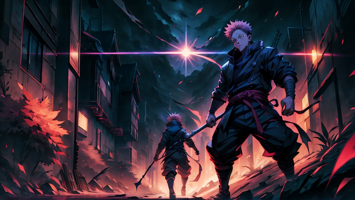 onepiec, Naruto, demonslayer, jujutsu kaisen, fighting with each other, full body shot, 173 cm, black outfit, pink hair, run, angry, red and dark moon city night background, wallpaper, cinematic,High resolution 8K, Bright light illumination, lens flare, sharpness, masterpiece, top-quality, The ultra -The high-definition, high resolution, extremely details CG, Anime style, Film Portrait Photography,masterpiece,hyperdetail