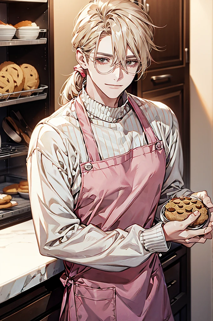 1male, ponytail hair, brown eyes, blond hair, white apron, pink sweater, glasses, mature face, ikemen, smile, baking cookies, kitchen background, 4k, high resolution, rim lighting
