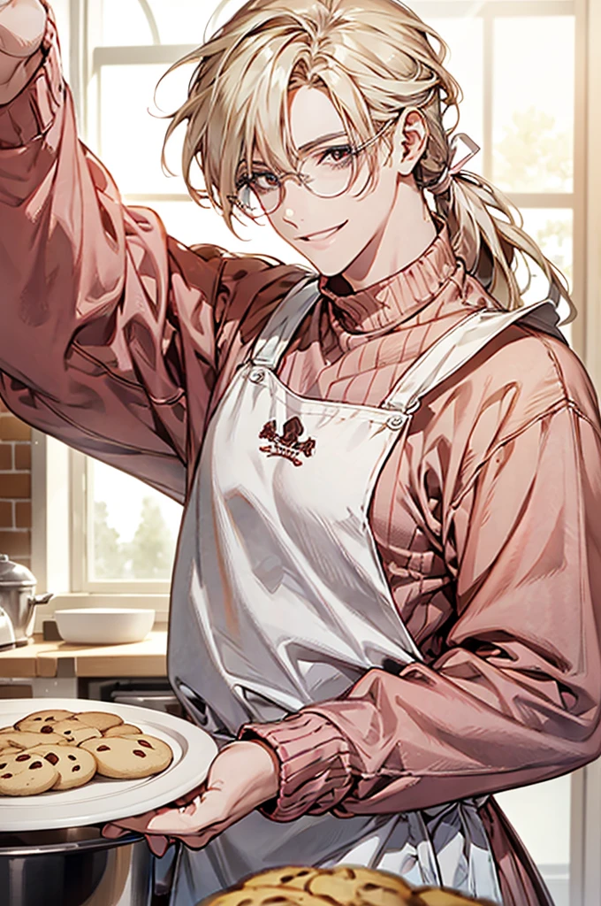1male, ponytail hair, brown eyes, blond hair, white apron, pink sweater, glasses, mature face, ikemen, smile, baking cookies, kitchen background, 4k, high resolution, rim lighting
