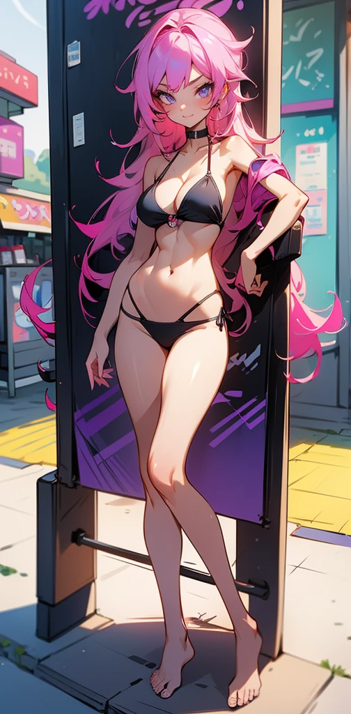 Masterpiece, best quality, Masterpiece, best quality, 1 woman , pink hair , purple eyes , sly face , black bikini , big breasts , abdomen , Long legs , Barefoot , sexy pose , full body , convenience store ,