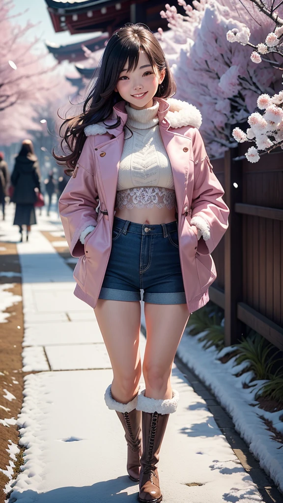 Beautiful young woman smiles, realistic image, wearing a pretty lace crop top and shorts. Has a long coat put on boots on the walkway In a Japanese city there are cherry trees and snow falling. Wide view. See the scenery.