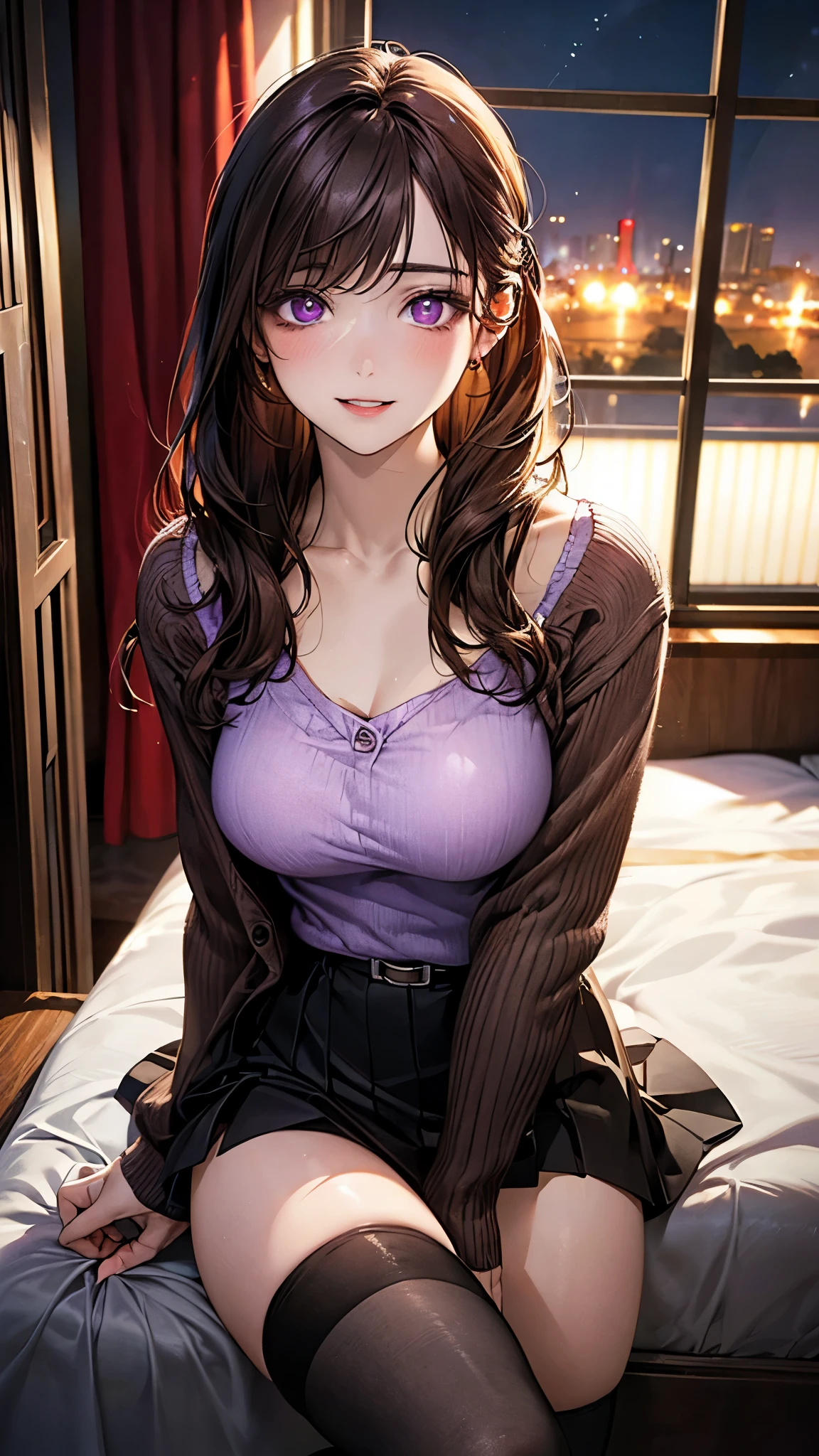 (masterpiece:1.2, top-quality), (realistic, photorealistic:1.4), beautiful illustration, (natural side lighting, movie lighting), nsfw,
looking at viewer, 1 girl, university student, perfect face, cute and symmetrical face, shiny skin,
(long hair:1.2, half updo:1.5, sideburns:1.8, burnt umber hair), asymmetrical bangs, purple eyes, drooping eyes, big eyes, long eye lasher, (medium breasts, thin thighs), slender,
beautiful detailed hair, beautiful detailed face, beautiful detailed eyes, beautiful clavicle, beautiful body, beautiful chest, beautiful thigh, beautiful legs, beautiful fingers,
(purple open front cardigan, white knit camisole, dark brown skater skirt, belt), black thigh-highs, skin dendation,
(beautiful scenery), night, (hotel bedroom, window), sitting, leaning forward, (lovely smile, upper eyes, parted lips),