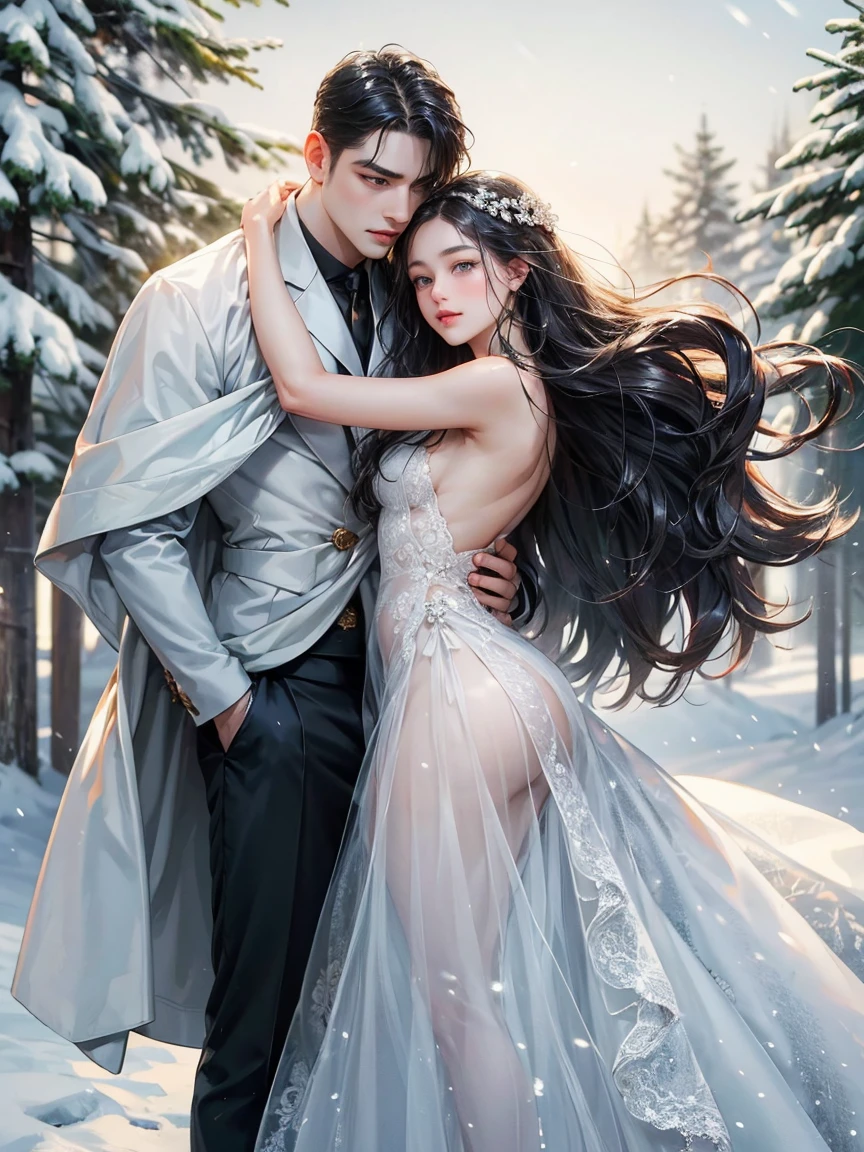 Couple, 1 girl 1 boy, black hair color, long hair, wavy hair, no bangs, grey eyes. naked. height different, detailed eyes, face, hand. The look at the viewer. They hug. They are near pine trees with snow. Full figure. Background snow forest