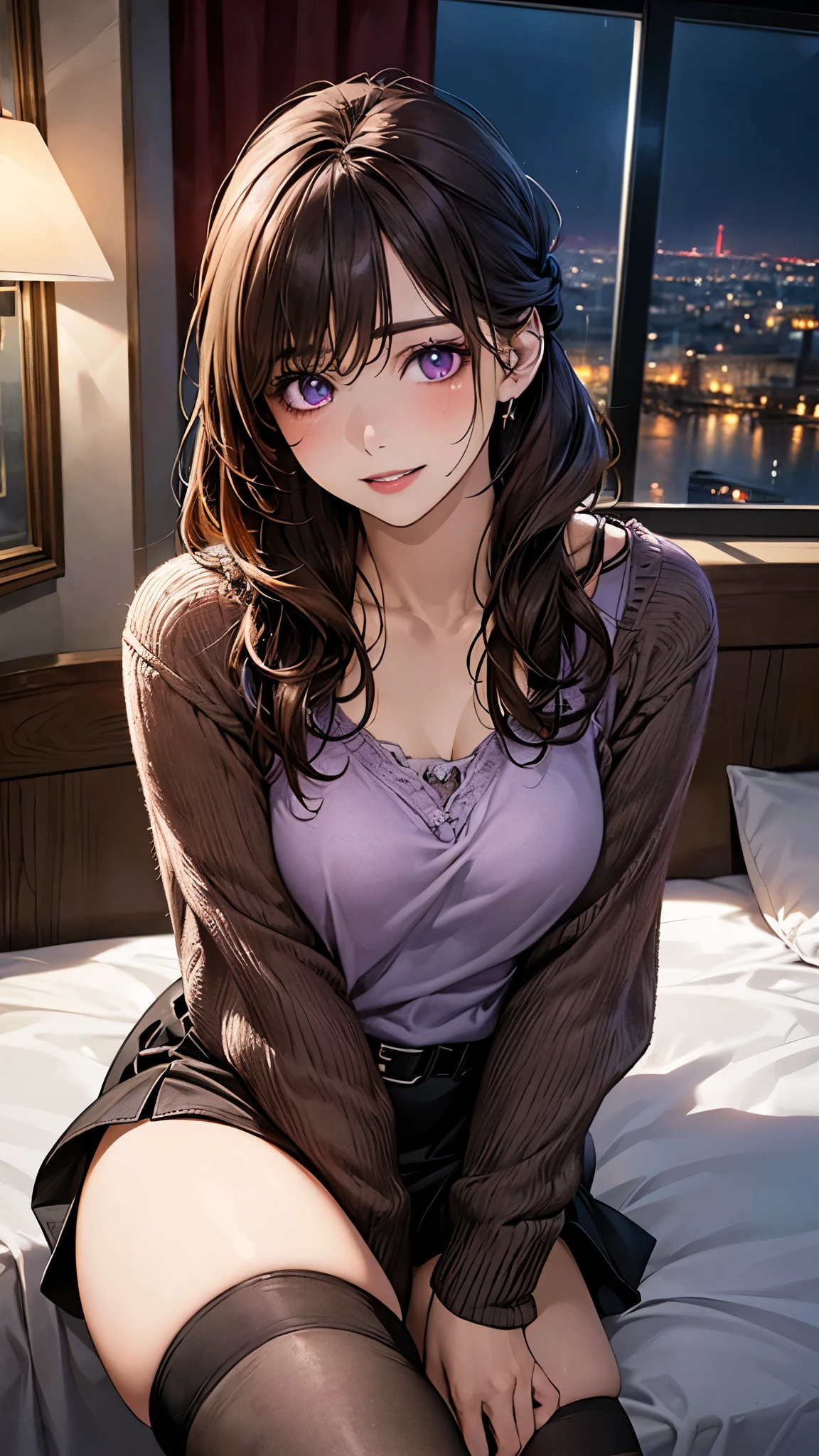 (masterpiece:1.2, top-quality), (realistic, photorealistic:1.4), beautiful illustration, (natural side lighting, movie lighting), nsfw,
looking at viewer, 1 girl, university student, perfect face, cute and symmetrical face, shiny skin,
(long hair:1.2, half updo:1.5, sideburns:1.8, burnt umber hair), asymmetrical bangs, purple eyes, drooping eyes, big eyes, long eye lasher, (medium breasts, thin thighs), slender,
beautiful detailed hair, beautiful detailed face, beautiful detailed eyes, beautiful clavicle, beautiful body, beautiful chest, beautiful thigh, beautiful legs, beautiful fingers,
(purple open front cardigan, white knit camisole, dark brown skater skirt, belt), black thigh-highs, skin dendation,
(beautiful scenery), night, (hotel bedroom, window), sitting, leaning forward, (lovely smile, upper eyes, parted lips),
