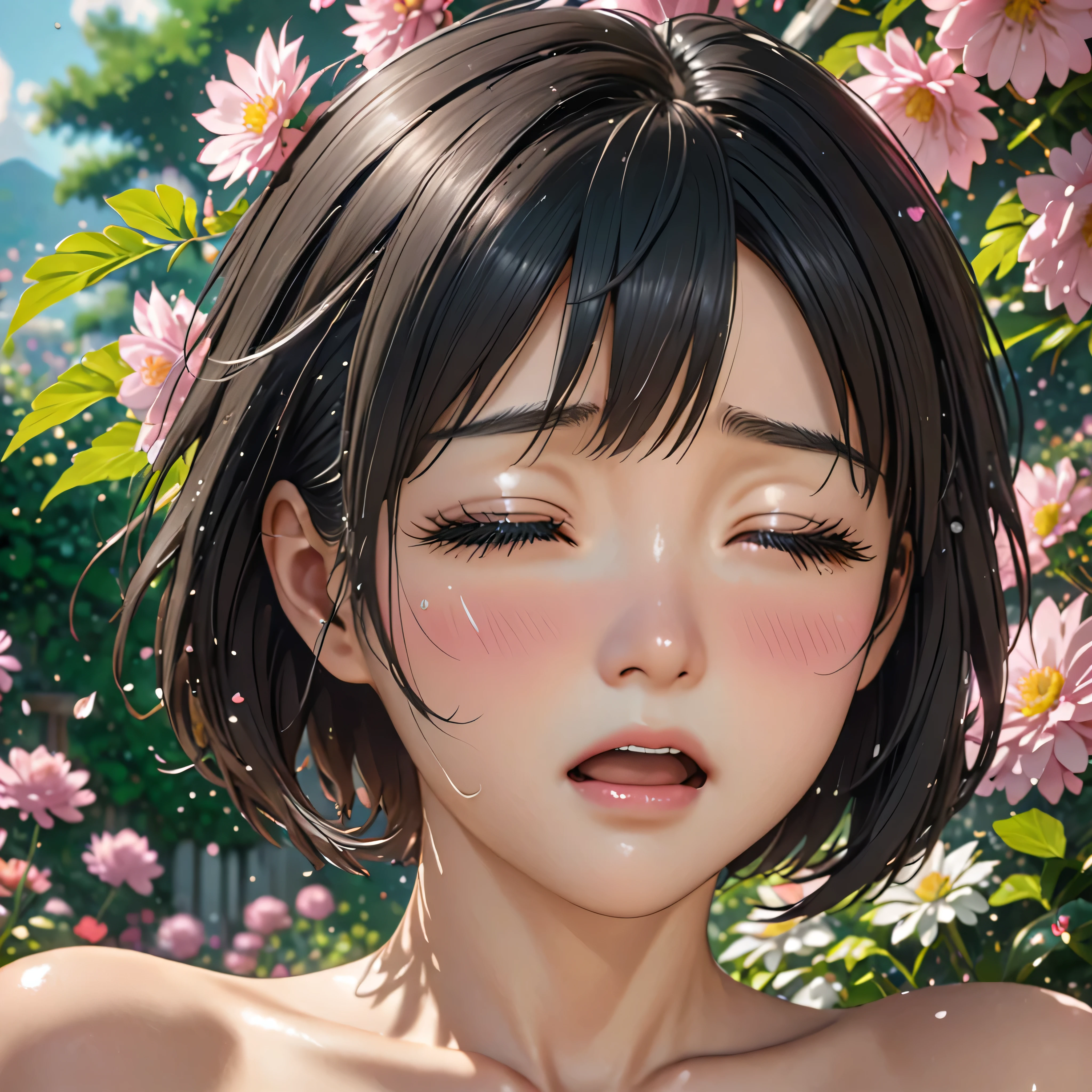 National Science Foundation,masterpiece,High resolution,8K,Art,digit,Three-dimensional,Realism,Kyoto Animation Style,your name movie style,cute,,look into camera,In the garden full of flowers,(1 girl: 1.3),(alone: 1.4),Upper body nudity,Huge bust,Put your hands behind your head,Black hair,Long eyelashes,Long thin legs,Short Bob,Close-up of upper body,Close-up,((Close up)),Close your eyes,blush,shy,pain,open mouth,Tears,cry,sad