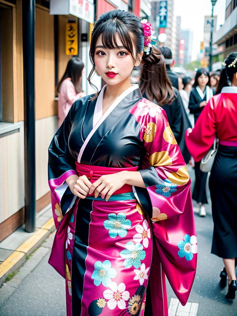 high quality, high resolution, Scenery of the city,Lots of girls,She is wearing a furisode kimono made of spandex fabric.,The girls in the background are all wearing furisode kimonos made of spandex.,All of the furisode are super high-cut leotards from the waist down.,Wearing black shiny stockings,The color of the kimono is random,Heavy brainwashing makeup,Dark eyeshadow,Shiny red lipstick,