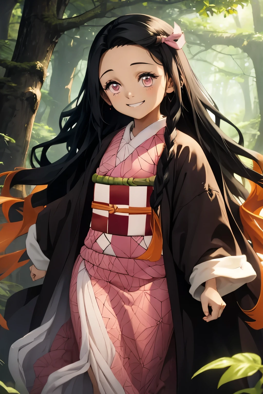 Kizi , long hair , Grinning , in a forest , pink kimono