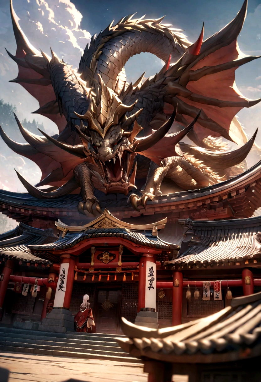 (masterpiece), (The best quality at its best), Cinematic Quality,Rendering with Octane,Ultra-detailed details,Cloud dragon made of white clouds,giant chinese dragon,Slender Dragon Body,Body of Revolution,Dragon Tail,Dragon Horn,Dragon Claw,shrine