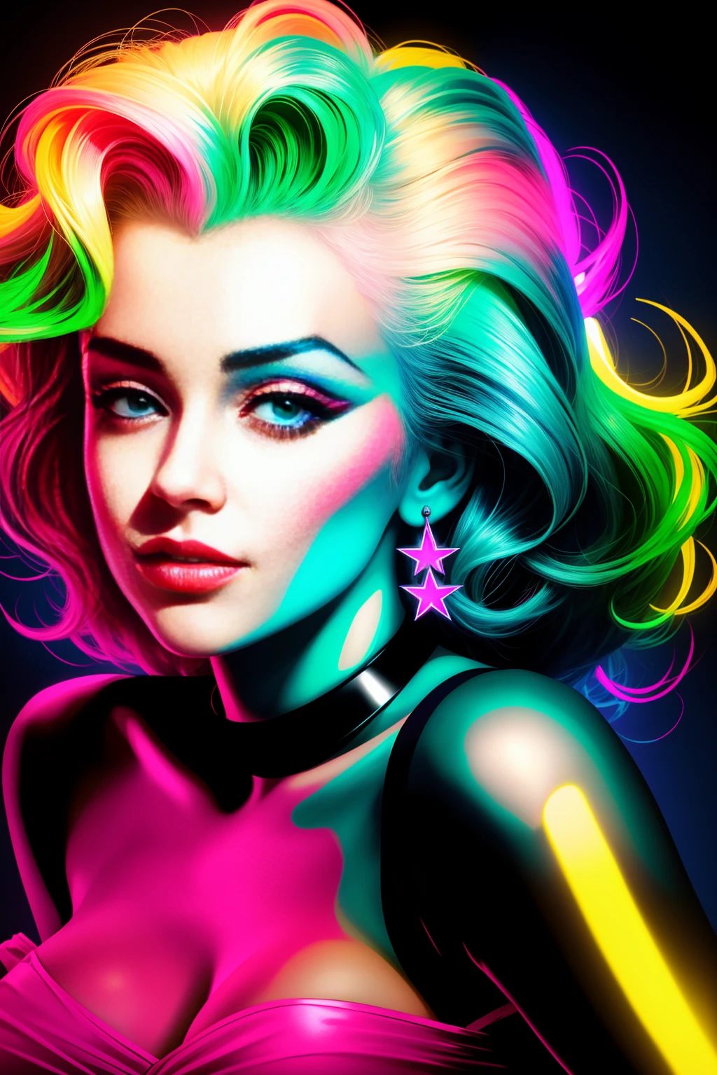 ali Marilyn Monroe em pé, neon hair, 3D neon art of a woman&#39;s body, neon-noir background, femme fatale cyberpunk, seductive cyberpunk dark fantasy, cyberpunk strip clubs, cyberpunk 20 years. oh model girl, cyberpunk oppai, flag, high definition cg society, cg society masterpiece, trends on cgstation, kda, random hair, looking at the camera, gigantic breastss, neckleace, (highly detailed skin:1.2), 8k hd, dslr, super lighting, high qualiy, Film grain, high resolution, highy detailed, hyperrealisti, beautiful  face, Body cute, beautiful eyes nose lips, seductive expression, very bold, top visible, photo by full body, standing with legs apart, pale skin, translucent and shiny, most beautiful  face, cute, (well-defined pubic hair:1.2)), (dark smooth black background:1.4)) space station activation control