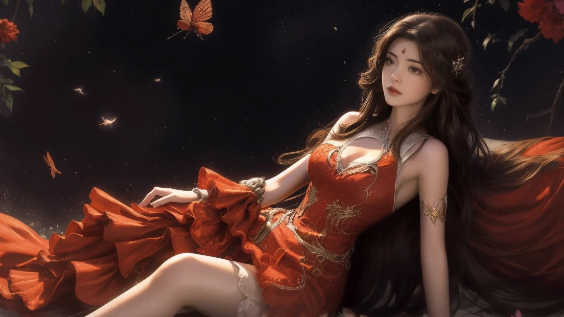1girl, girl with long brown hair, smiling, cheerful, girl is sitting among a wide expanse of flowers, surrounded by beautiful flowers, Calm and peaceful atmosphere, night, moonlight , Beautiful glowing butterflies surround the girl lighting up the darkness of the night, magic,Romantic, the night breeze blows the Sepoi Sepoi girl's hair,