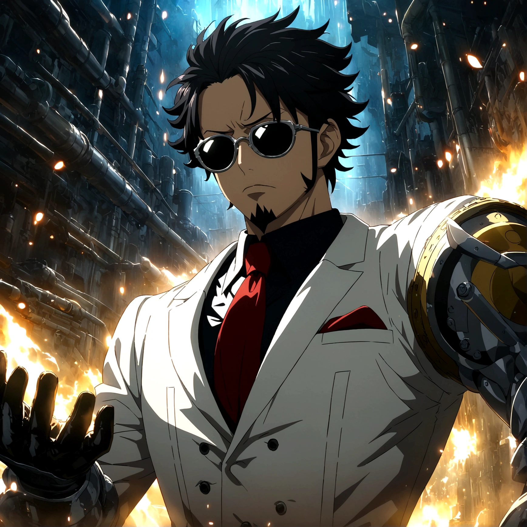 Male, slim body, long black hair, white suit, red tie, sunglasses, goatee, black gloves, serious expression, white metal arms, laboratory background, One Piece-inspired anime lines, drenched in dramatic and incredible lighting, dramatic lighting, infused with creative details, ultra-fine 2D design, scenery bathed in creativity, bathed in creativity, boasting HD anime resolution clarity, HD anime graphics, high-octane rendering