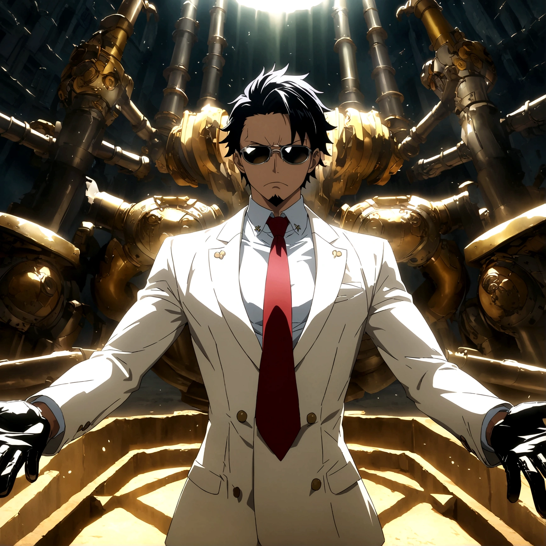 Male, slim body, long black hair, white suit, red tie, sunglasses, goatee, black gloves, serious expression, white metal arms, laboratory background, One Piece-inspired anime lines, drenched in dramatic and incredible lighting, dramatic lighting, infused with creative details, ultra-fine 2D design, scenery bathed in creativity, bathed in creativity, boasting HD anime resolution clarity, HD anime graphics, high-octane rendering