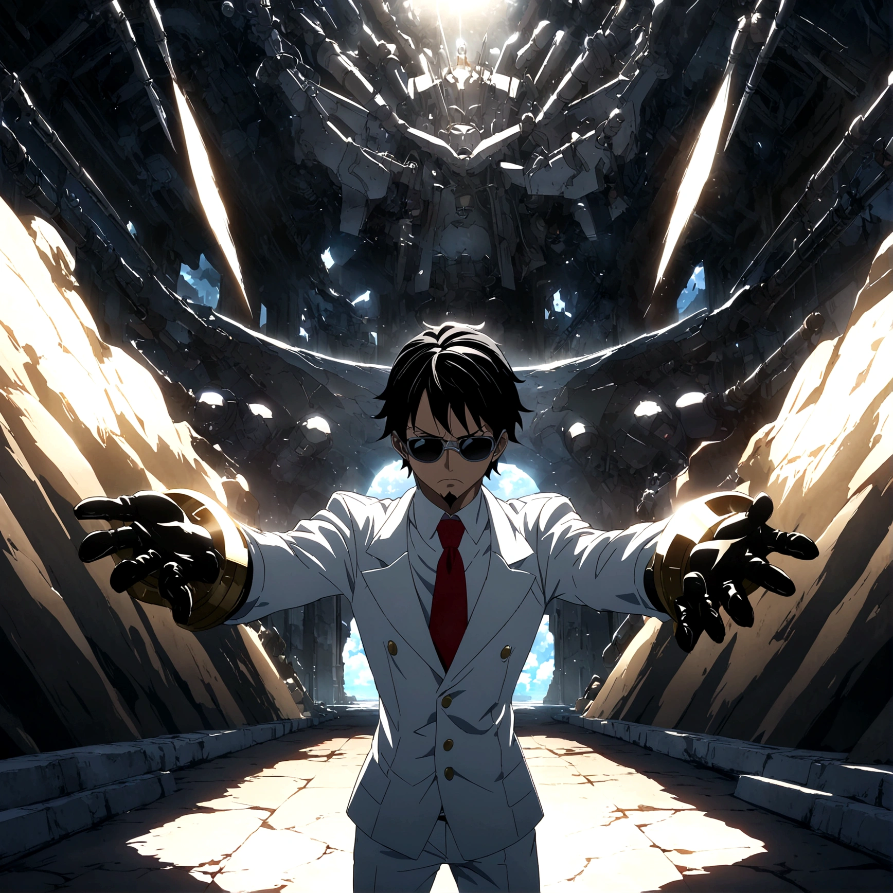Male, slim body, long black hair, white suit, red tie, sunglasses, goatee, black gloves, serious expression, white metal arms, laboratory background, One Piece-inspired anime lines, drenched in dramatic and incredible lighting, dramatic lighting, infused with creative details, ultra-fine 2D design, scenery bathed in creativity, bathed in creativity, boasting HD anime resolution clarity, HD anime graphics, high-octane rendering