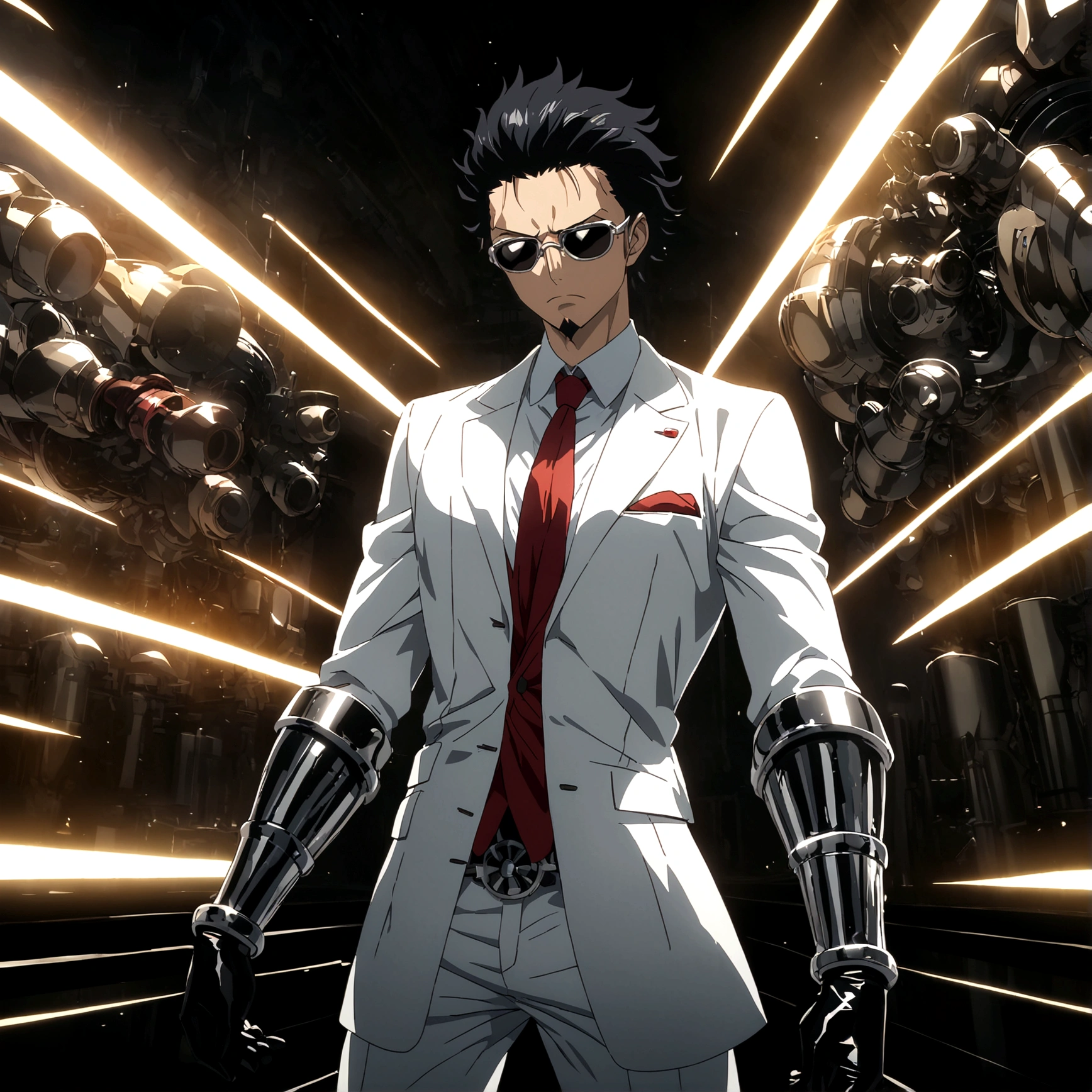 Male, slim body, long black hair, white suit, red tie, sunglasses, goatee, black gloves, serious expression, white metal arms, laboratory background, One Piece-inspired anime lines, drenched in dramatic and incredible lighting, dramatic lighting, infused with creative details, ultra-fine 2D design, scenery bathed in creativity, bathed in creativity, boasting HD anime resolution clarity, HD anime graphics, high-octane rendering