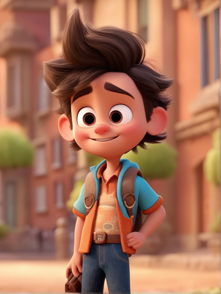 Image of a boy for a story in a YouTube video in Pixar format, He's the little allabester, He's the class leader, He's outgoing, Playful and gets up for a lot of things, cabelo curto
