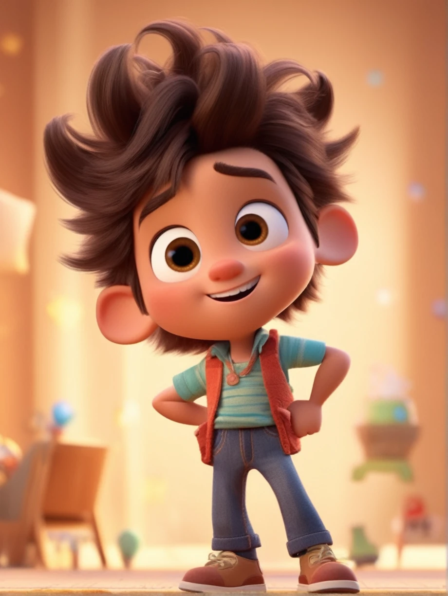 Image of a boy for a story in a YouTube video in Pixar format, He's the little allabester, He's the class leader, He's outgoing, Playful and gets up for a lot of things, cabelo curto