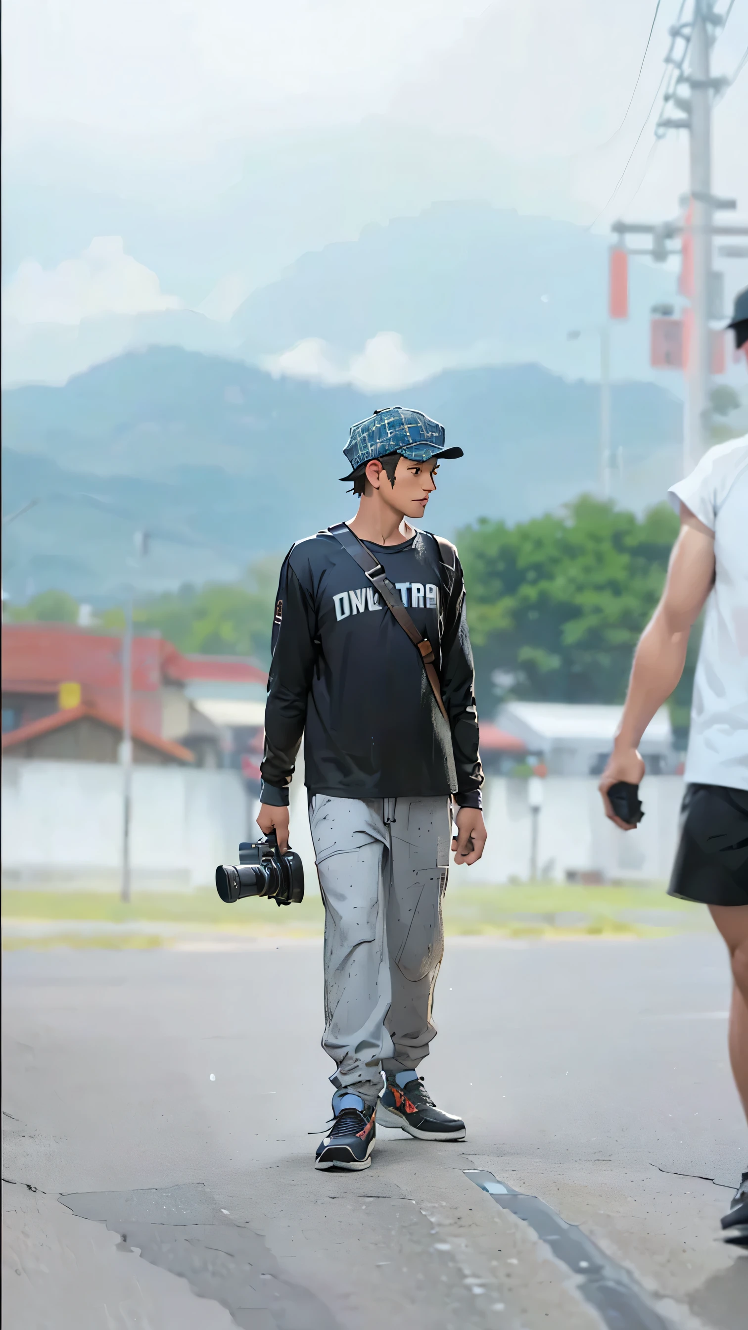 (Best quality,A high resolution,Ultra-detailed,Realistic:1.2)photographer, wearing a newsboy hat, vintage outfit, road runner(promotional poster)。