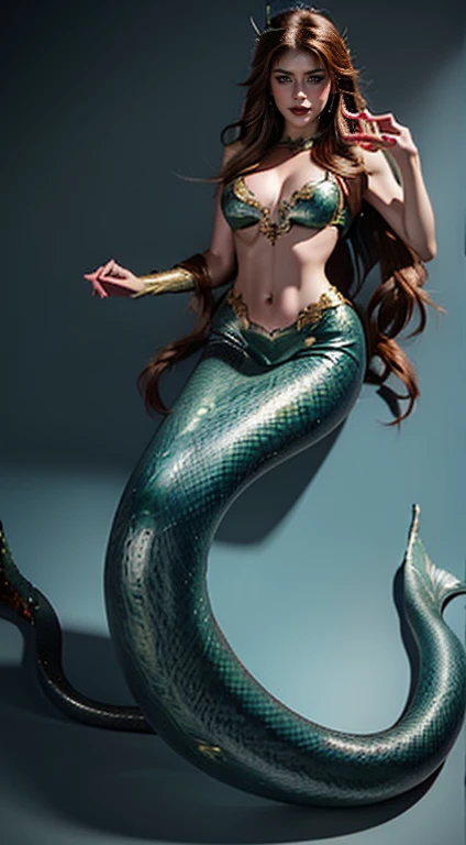 Best quality at best，A high resolution Medusa:1.3 (mermaids:1.2)，Snake hair, medusa head, naked breasts, Elongated snake tail:1.3，very beautiful, Sensual, enchanting, big chest and thin waist, Red long-haired, sharp black eyes, Redlip， (correct hand)，（（snake scale body）），Full body photo，The lighting is dim (Olvik |)，ultraclear，8K