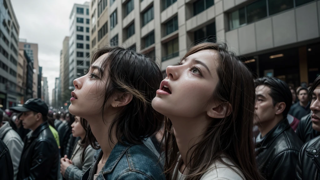 Cinematic, medium shot of a crowd looking up, trying to find the source of the sound, realistic portrayal, urban environment, overcast sky, growing tension. 
