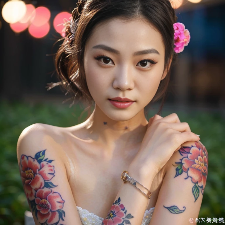 a close up of a woman with a flower tattoo on her arm, of taiwanese girl with tattoos, Chinese style, Asian girl with very large breasts measuring 36 inches, Chinese girl, Gorgeous Chinese model, with facial tattoo, Inspired by Xie Huan, oriental tattoos, floral tattoos, Hungry Ghost Festival, Season Wu, beautiful asian girl, tattoo, By Yang J, temporary tattoo, Inspiration from Wen Jia